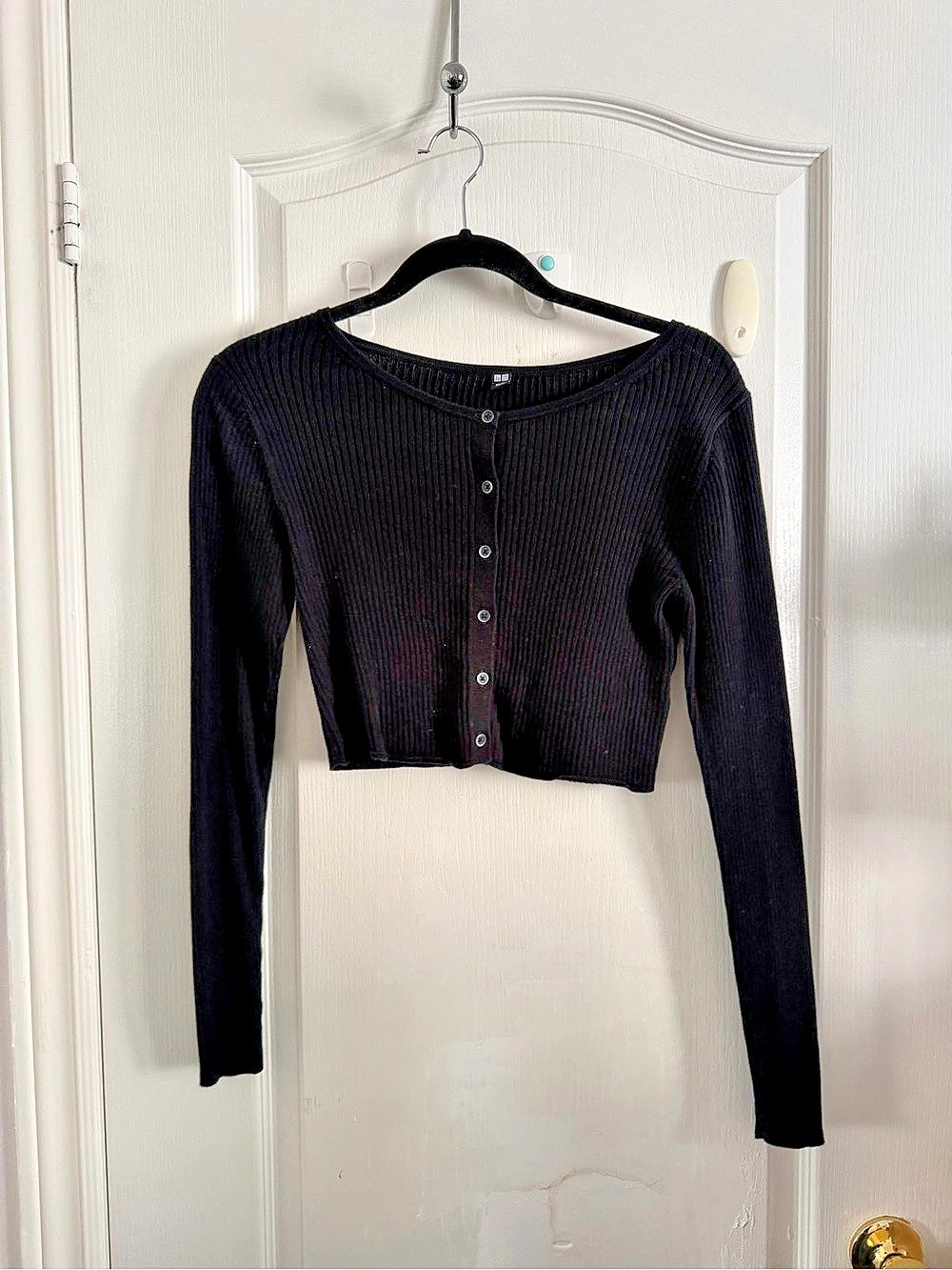Uniqlo Cotton Ribbed Long-Sleeve Cropped Cardigan Black XS